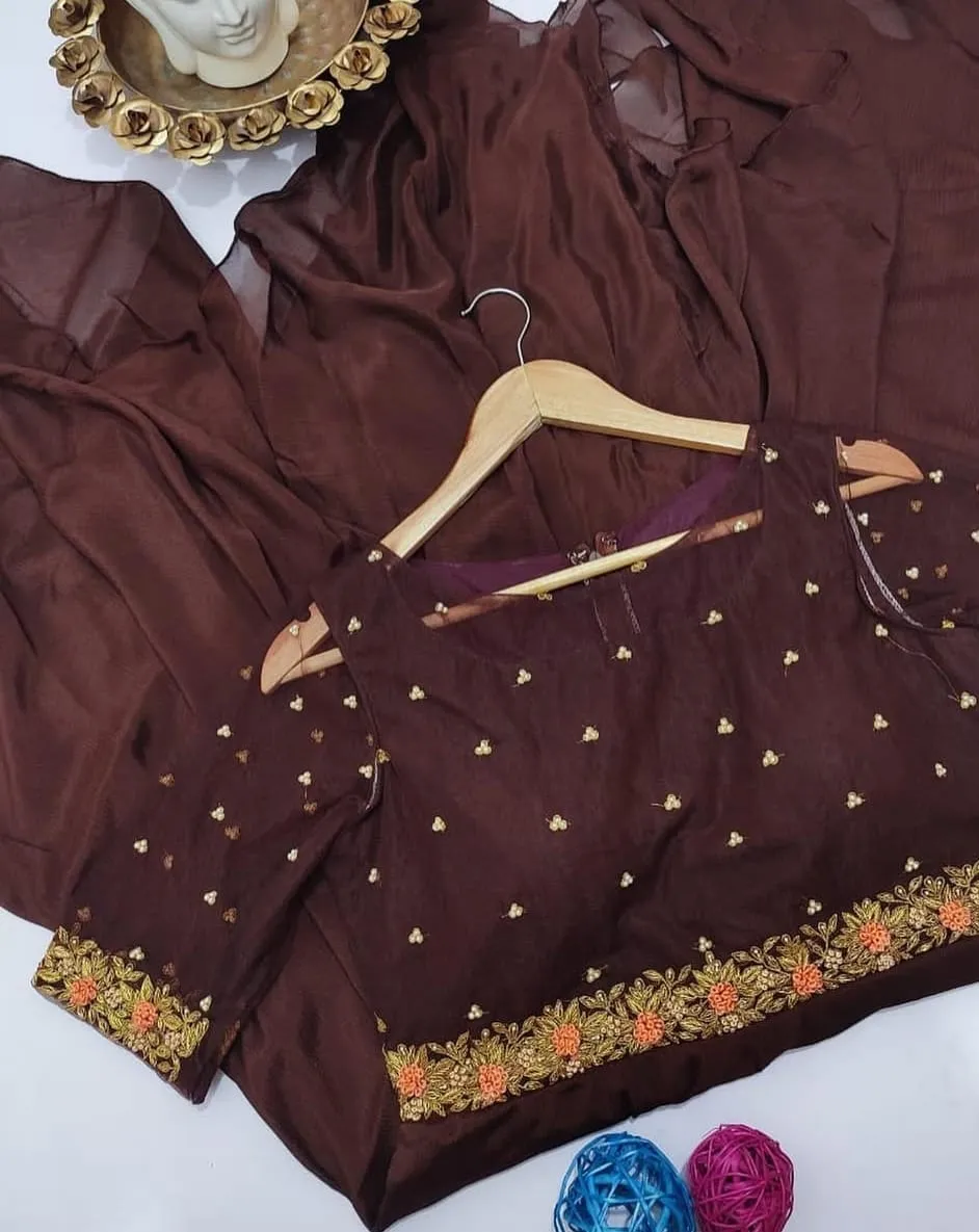 Coffee Brown Designer Long Gown with Premium Maggam Aari Work  Order Online Today