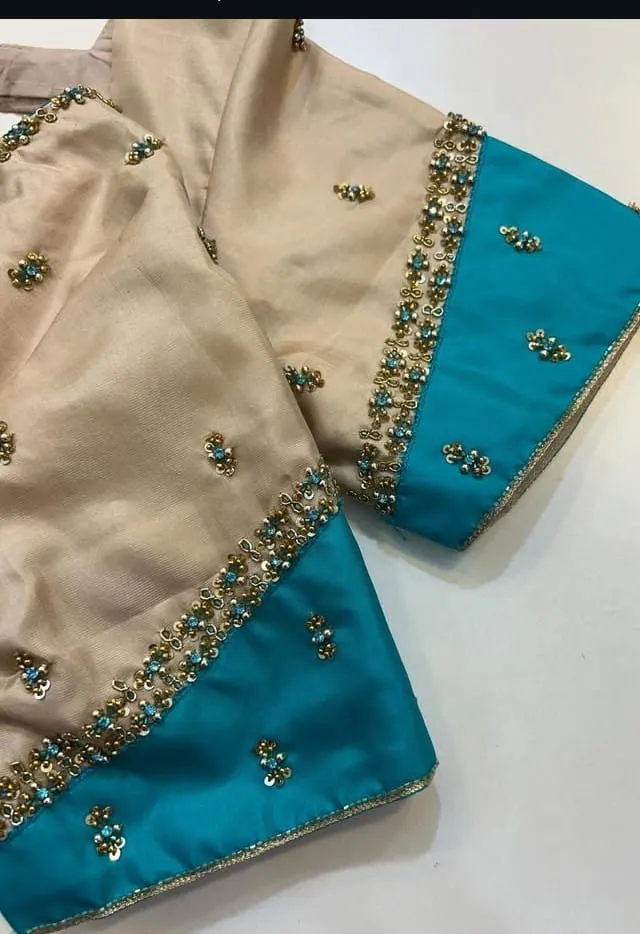 Cream Blue Silk Maggam Bridal Blouse  Handcrafted Luxury