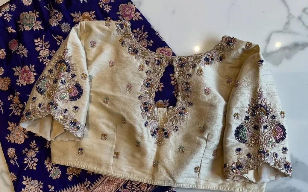 Cream Raw Silk Bridal Maggam Work Blouse Aari Embroidery Wedding Collection