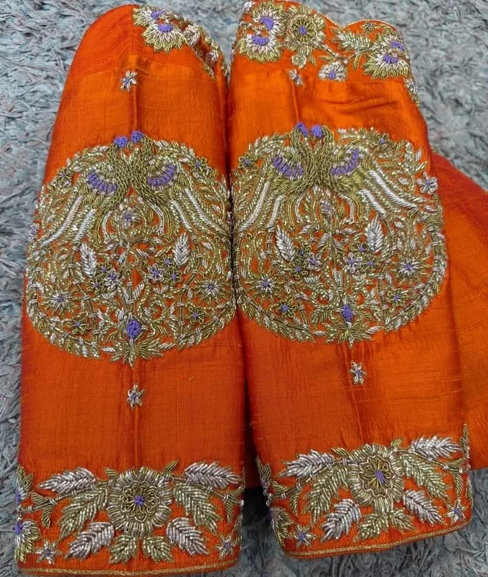 Dazzling Orange Zardosi Blouse Stunning Peacock Maggam Embroidery Unforgettable Style - Image 2