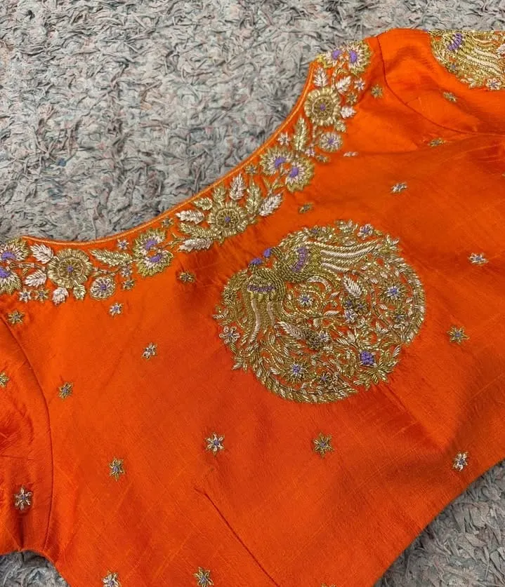 Dazzling Orange Zardosi Blouse Stunning Peacock Maggam Embroidery Unforgettable Style - Image 3