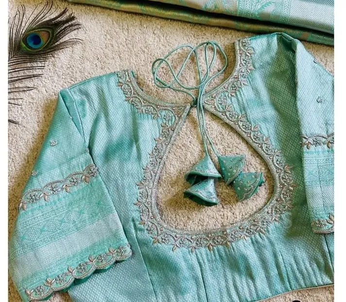 Dazzling Sky Blue BlouseAffordable Silver Zardosi Maggam Work  Luxury Hand-Embroidered Design