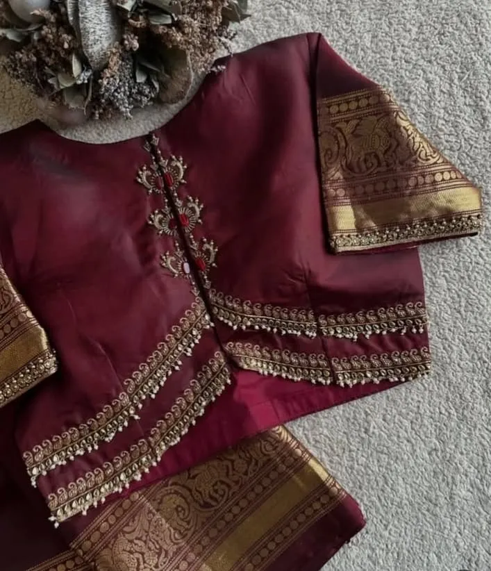 Deep Maroon High Neck Maggam Work Blouse Premium Bridal Couture - Image 2