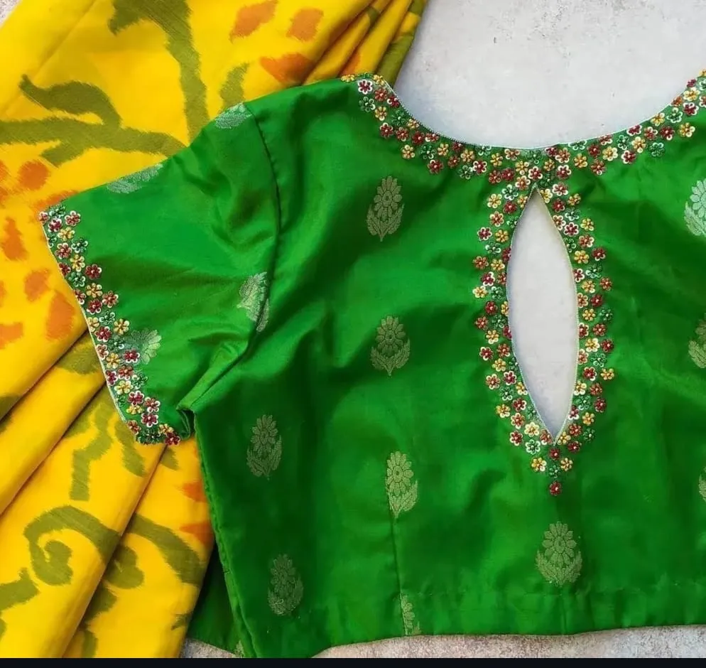 Designer Leaf Green Aari Work Blouse with Multi Color Thread Affordable Online