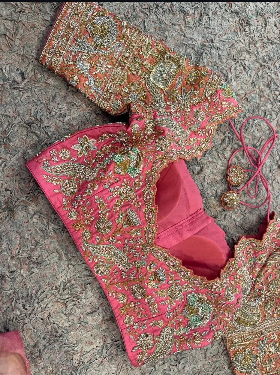 Designer Peach Peacock Bridal Blouse  Exclusive Maggam Work for Weddings