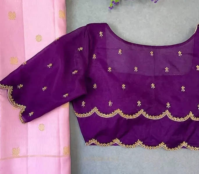 Elegant Dark Purple Zardosi Maggam Work Blouse  Scalloped Design Affordable Luxury