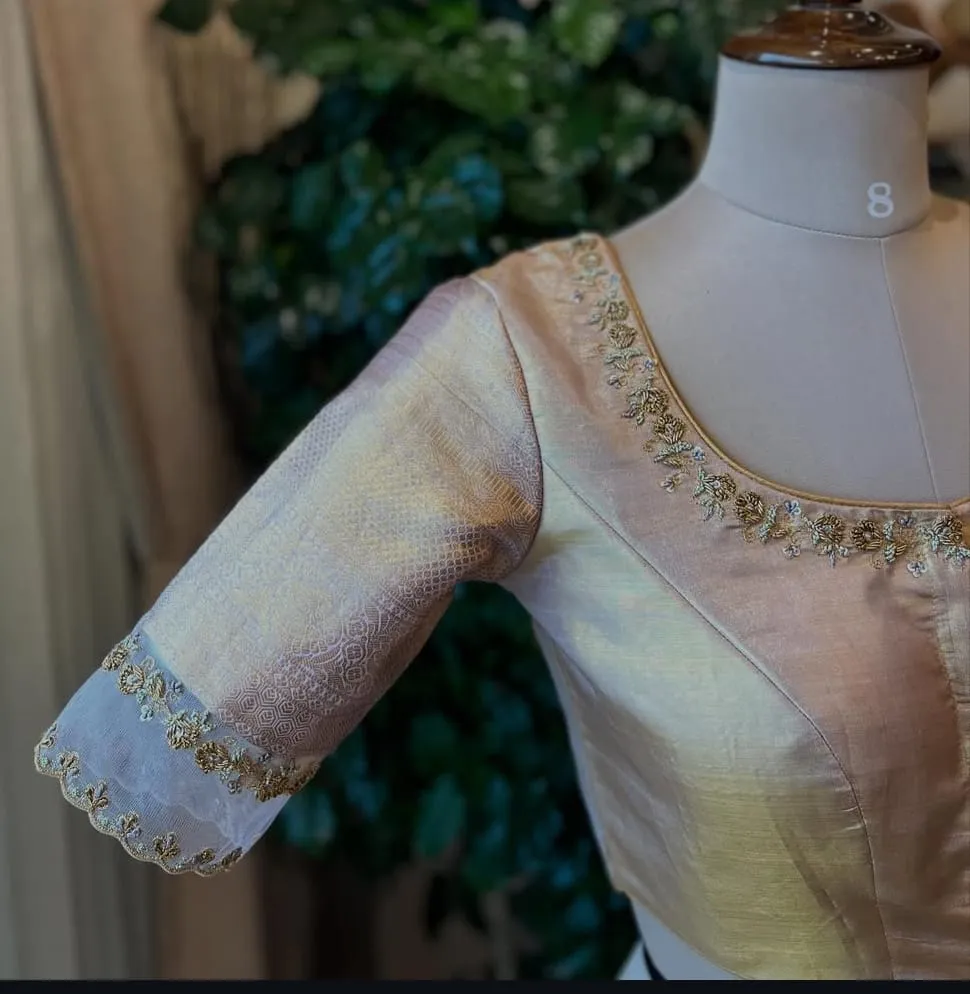 Exclusive Pastel Pink Zardosi Maggam Work Blouse  Bridal High Neck Net Design