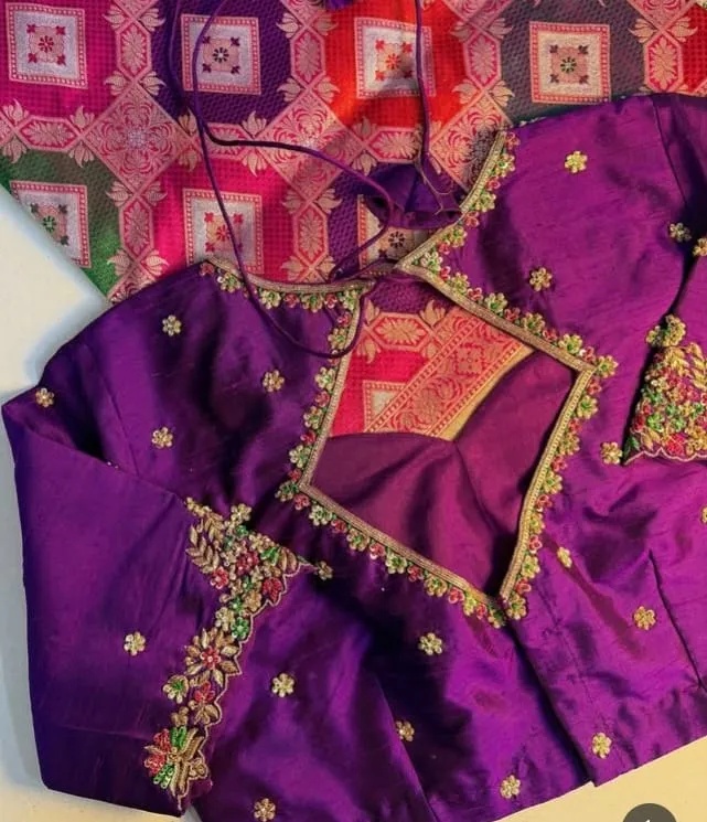 Exclusive Purple Raw Silk Maggam Work Blouse for Weddings Custom Fit Available - Image 2