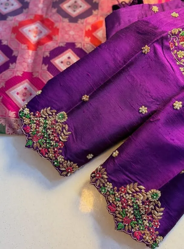 Exclusive Purple Raw Silk Maggam Work Blouse for Weddings Custom Fit Available - Image 3