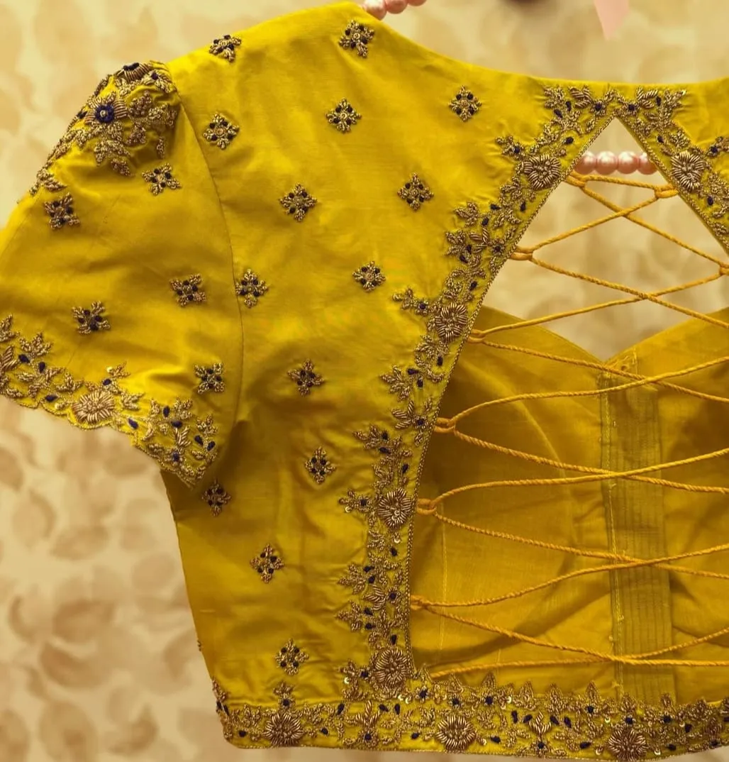 Exclusive Yellow Raw Silk Maggam Embroidery Blouse  Designer Party Wear  Buy Customized Online