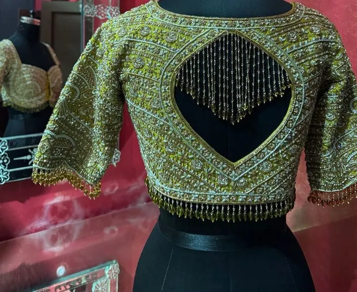 Exquisite Green Raw Silk Bridal Blouse  Heavy Maggam Aari Work  Custom-Made Indian Wedding Wear  Ready-to-Ship