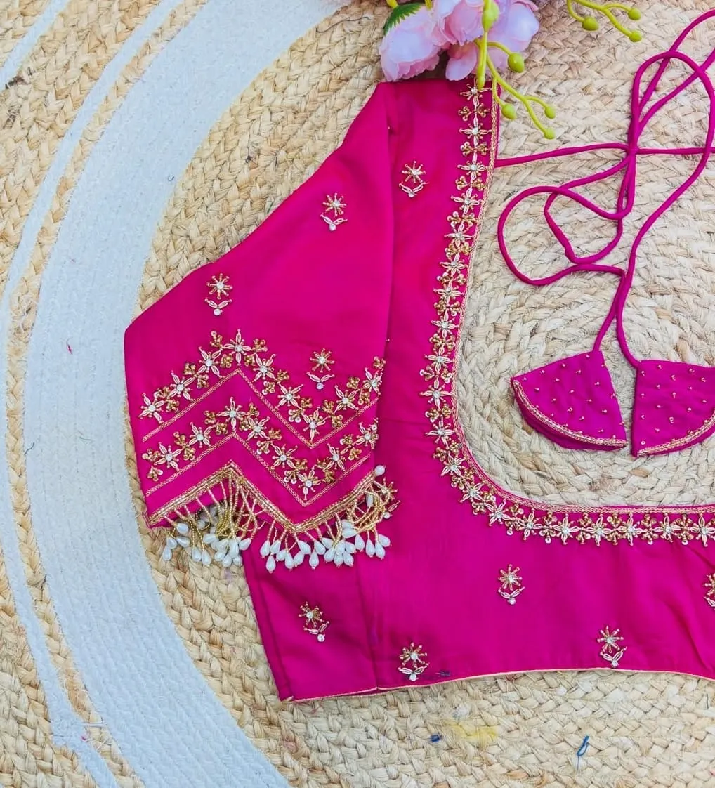 Exquisite Pink Wedding Blouse with Premium Zardosi Embroidery and Hanging Sleeves