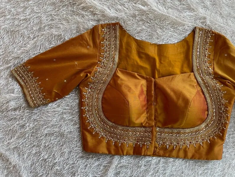 Golden Yellow Bridal Maggam Work Saree Blouse  Handcrafted Designer Wedding Blouse