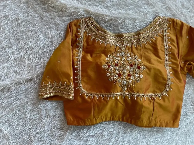 Golden Yellow Bridal Maggam Work Saree Blouse Handcrafted Designer Wedding Blouse - Image 2
