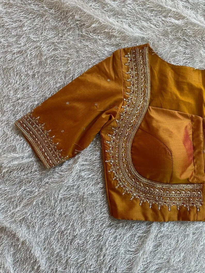 Golden Yellow Bridal Maggam Work Saree Blouse Handcrafted Designer Wedding Blouse - Image 3