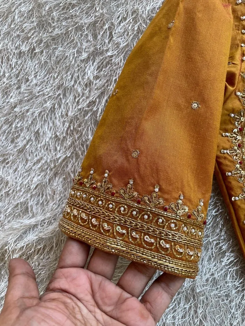 Golden Yellow Bridal Maggam Work Saree Blouse Handcrafted Designer Wedding Blouse - Image 4