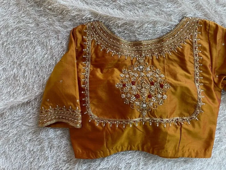 Golden Yellow Bridal Maggam Work Saree Blouse Handcrafted Designer Wedding Blouse - Image 5