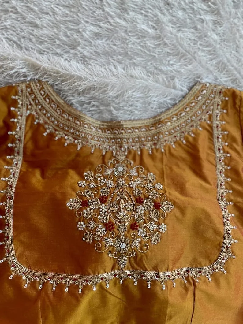 Golden Yellow Bridal Maggam Work Saree Blouse Handcrafted Designer Wedding Blouse - Image 6