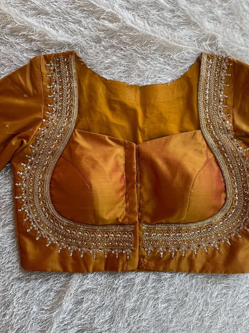 Golden Yellow Bridal Maggam Work Saree Blouse Handcrafted Designer Wedding Blouse - Image 7