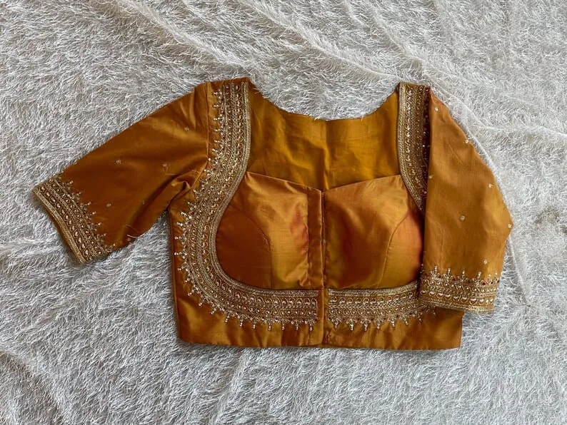 Golden Yellow Bridal Maggam Work Saree Blouse Handcrafted Designer Wedding Blouse - Image 8