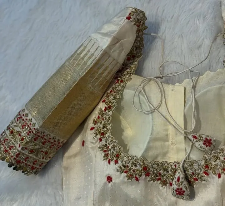 HalfWhite Cream Designer Maggam Work Blouse  Premium Cutwork Deep Neck Under Budget