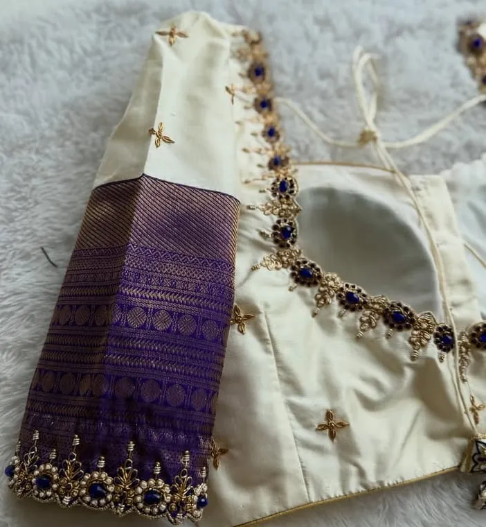 Halfwhite Jadau Kundan Cutwork Blouse  Designer Deep Neck Maggam Work Under Budget