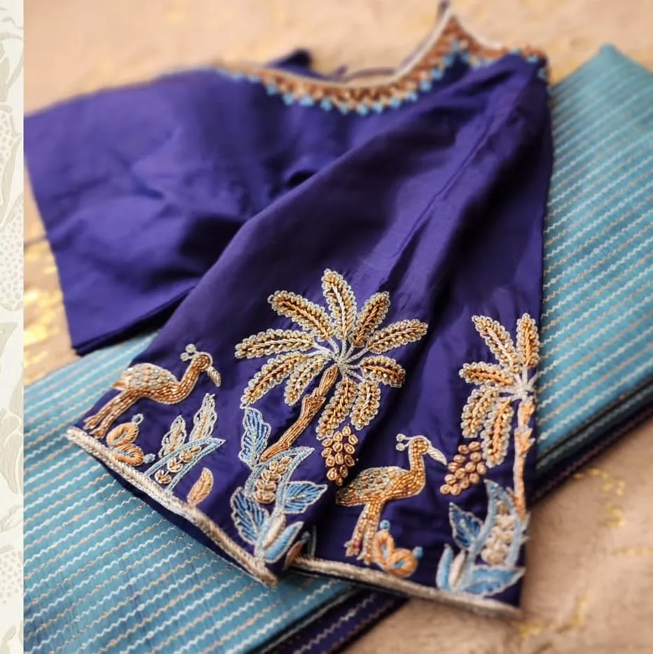 Handmade Blue Swan Designer Saree Blouse  Party Wear Maggam Aari Embroidery