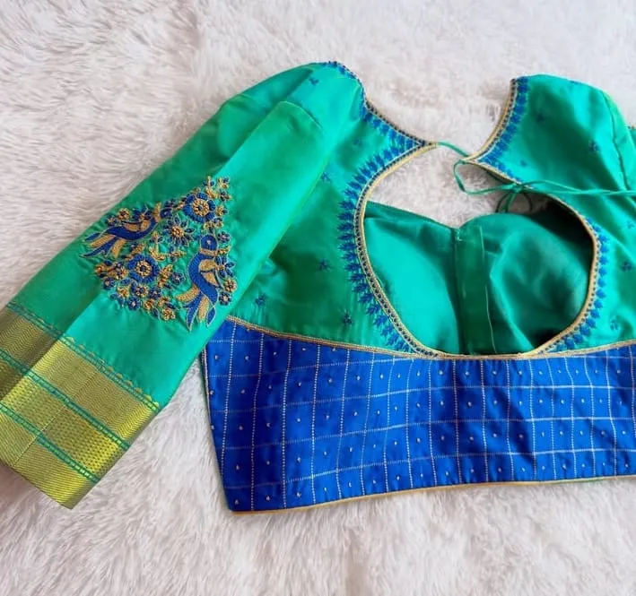 Latest Bird Motif Pot Neck Maggam Work Blouse in Rama Green  Blue  BudgetFriendly Designer Pick