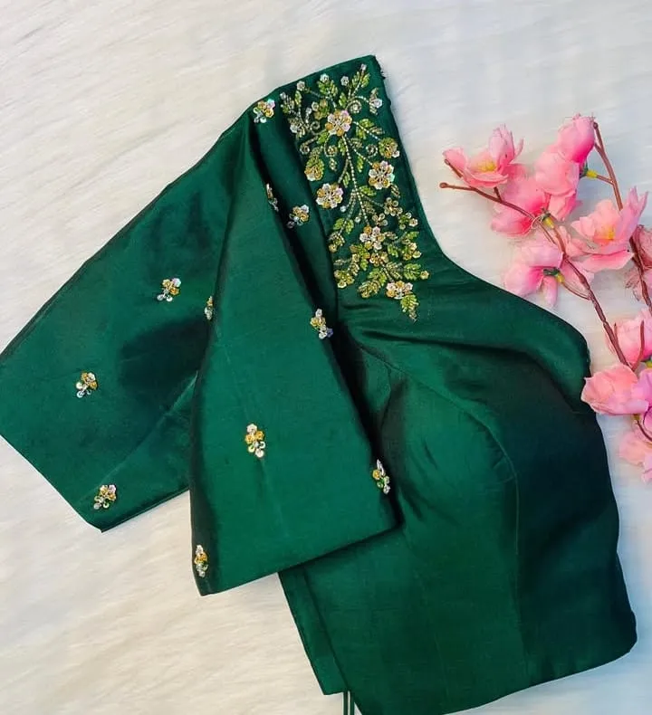 Latest Bottle Green Shoulder Design Blouse  Premium Gold Maggam Work at Best Price