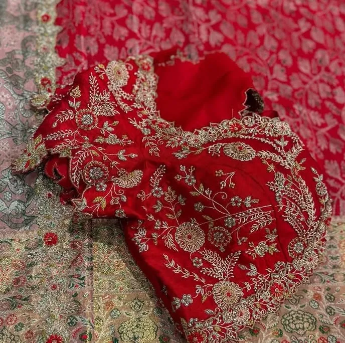Latest Designer Red Bridal Blouse Grand Maggam Work Saree Blouse - Image 4
