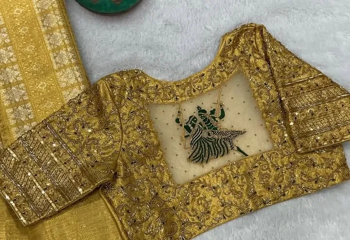 Latest Gold Plaki Design Maggam Work Bridal Blouse HighQuality Elegant Wedding Wear - Image 2