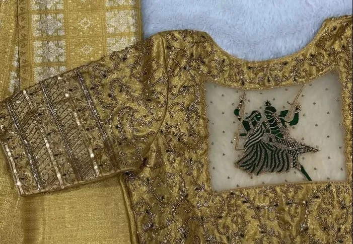 Latest Gold Plaki Design Maggam Work Bridal Blouse HighQuality Elegant Wedding Wear - Image 3