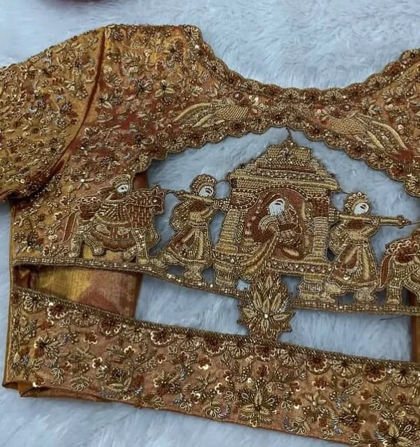 Latest Gold Plaki Design Maggam Work Bridal Blouse HighQuality Elegant Wedding Wear - Image 4