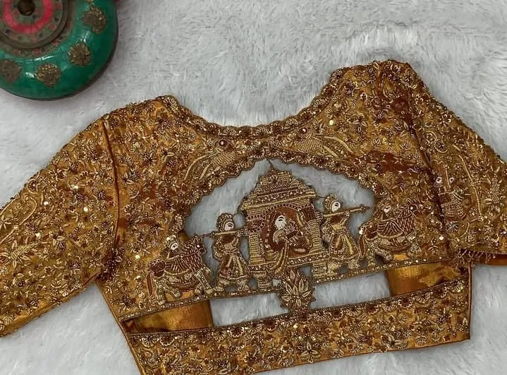 Latest Gold Plaki Design Maggam Work Bridal Blouse HighQuality Elegant Wedding Wear - Image 5