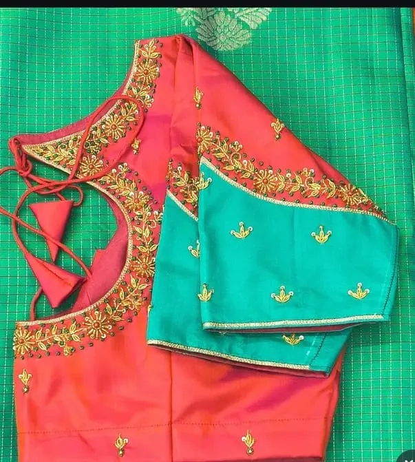 Latest Orange  Blue Embroidered Saree Blouse Design