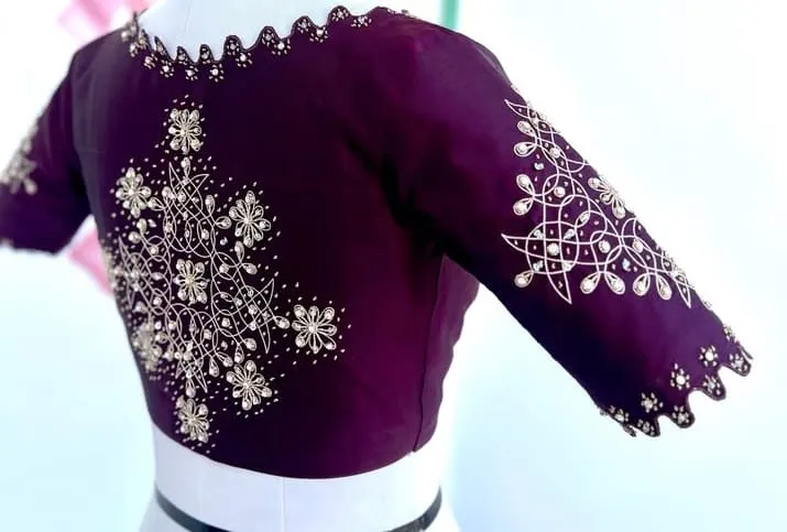 Latest Wine Shade Muggu Pattern Maggam Work Blouse Traditional Look at an Affordable Price