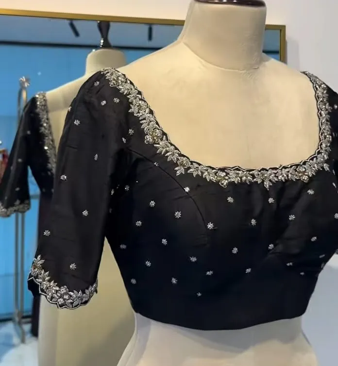 Luxe Black Raw Silk Blouse with Intricate Silver Zari Embroidery