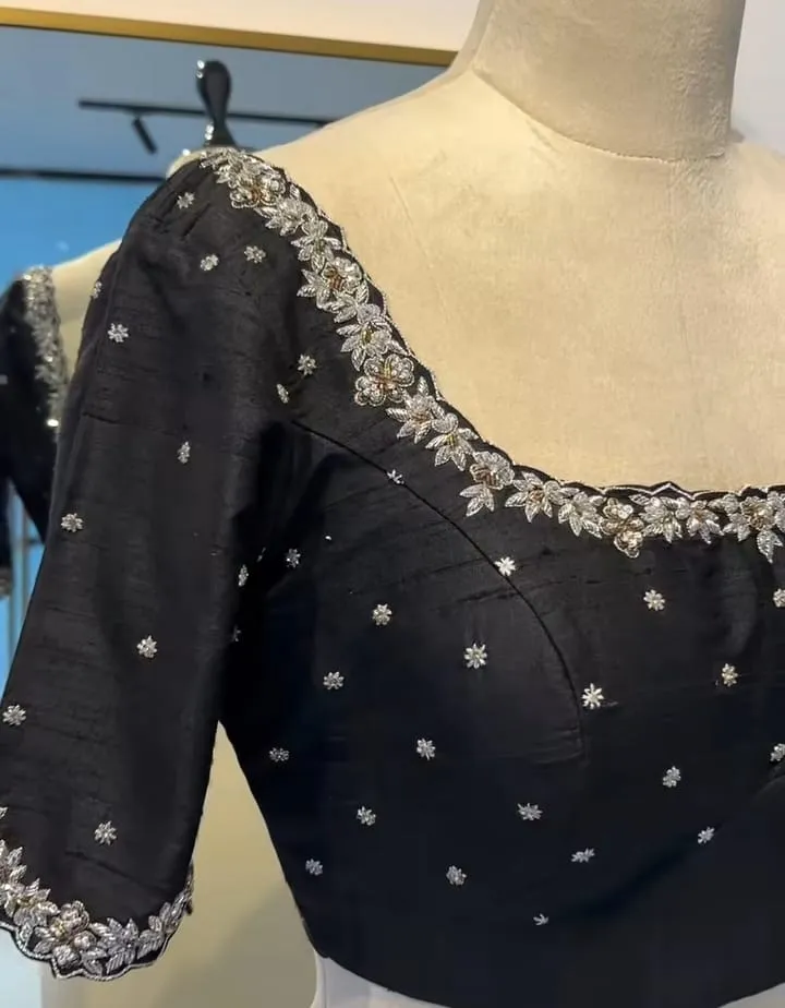 Luxe Black Raw Silk Blouse with Intricate Silver Zari Embroidery - Image 2