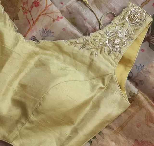 Luxurious Lemon Yellow Silk Blouse Handcrafted Maggam Work Bridal Masterpiece - Image 2
