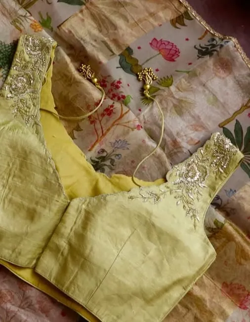 Luxurious Lemon Yellow Silk Blouse Handcrafted Maggam Work Bridal Masterpiece - Image 3