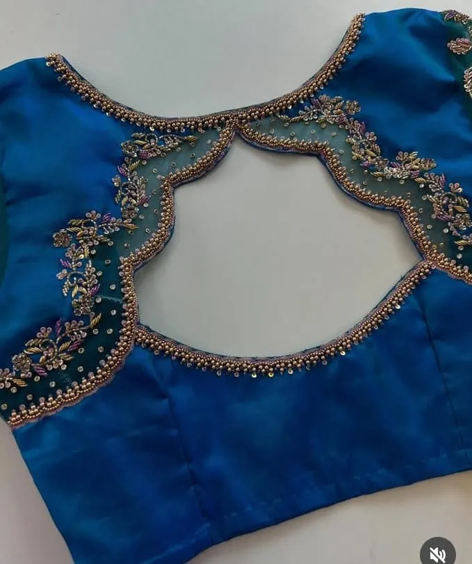 Luxury Blue Green Net Embroidery Maggam Blouse  Shop Latest Wedding Trends
