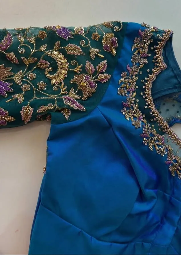 Luxury Blue Green Net Embroidery Maggam Blouse Shop Latest Wedding Trends - Image 2