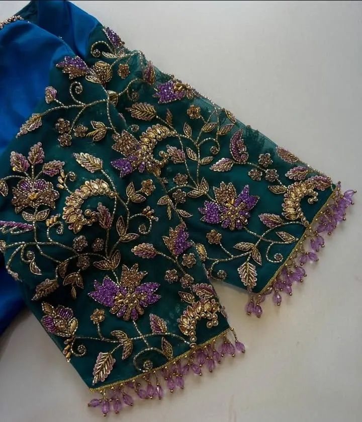 Luxury Blue Green Net Embroidery Maggam Blouse Shop Latest Wedding Trends - Image 3