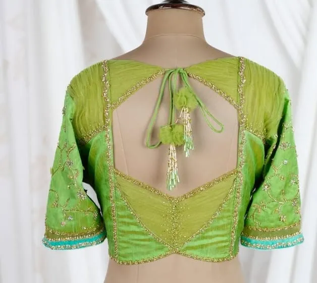 Luxury Designer Net Blouse  Parrot Green Embroidered Latest Style Saree Top