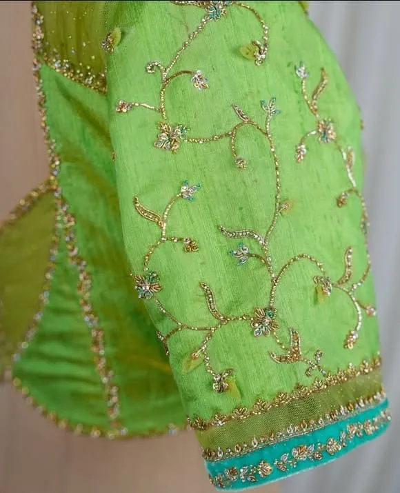 Luxury Designer Net Blouse Parrot Green Embroidered Latest Style Saree Top - Image 2