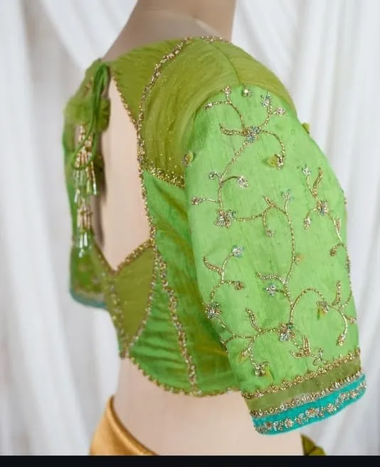 Luxury Designer Net Blouse Parrot Green Embroidered Latest Style Saree Top - Image 3