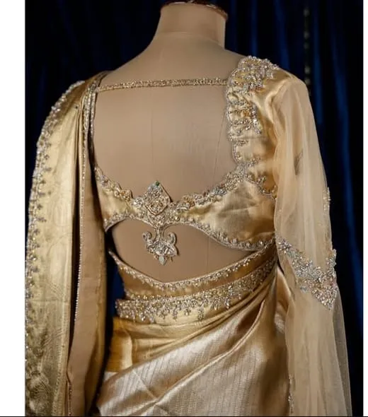 Luxury Gold Silk Maggam Work Blouse  Designer Handcrafted Bridal Wedding Saree Choli
