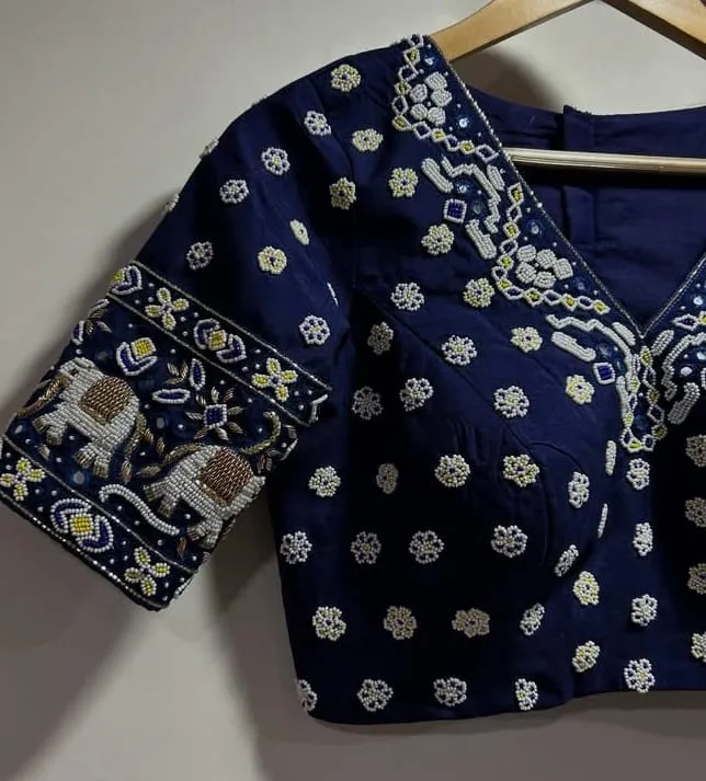 Luxury Hand-Embroidered Maggam Work Blouse  Deep Sapphire Blue