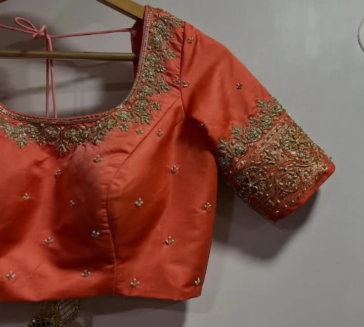 Luxury Orange Maggam Work Wedding Blouse  Hand Embroidered Silk Bridal Choli with Heavy Zari  Stone Detailing