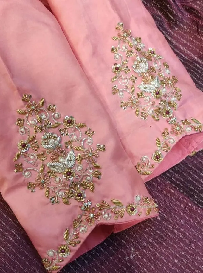 Luxury Peach Pot Neck Blouse Handcrafted Maggam Work Shop Now - Image 2
